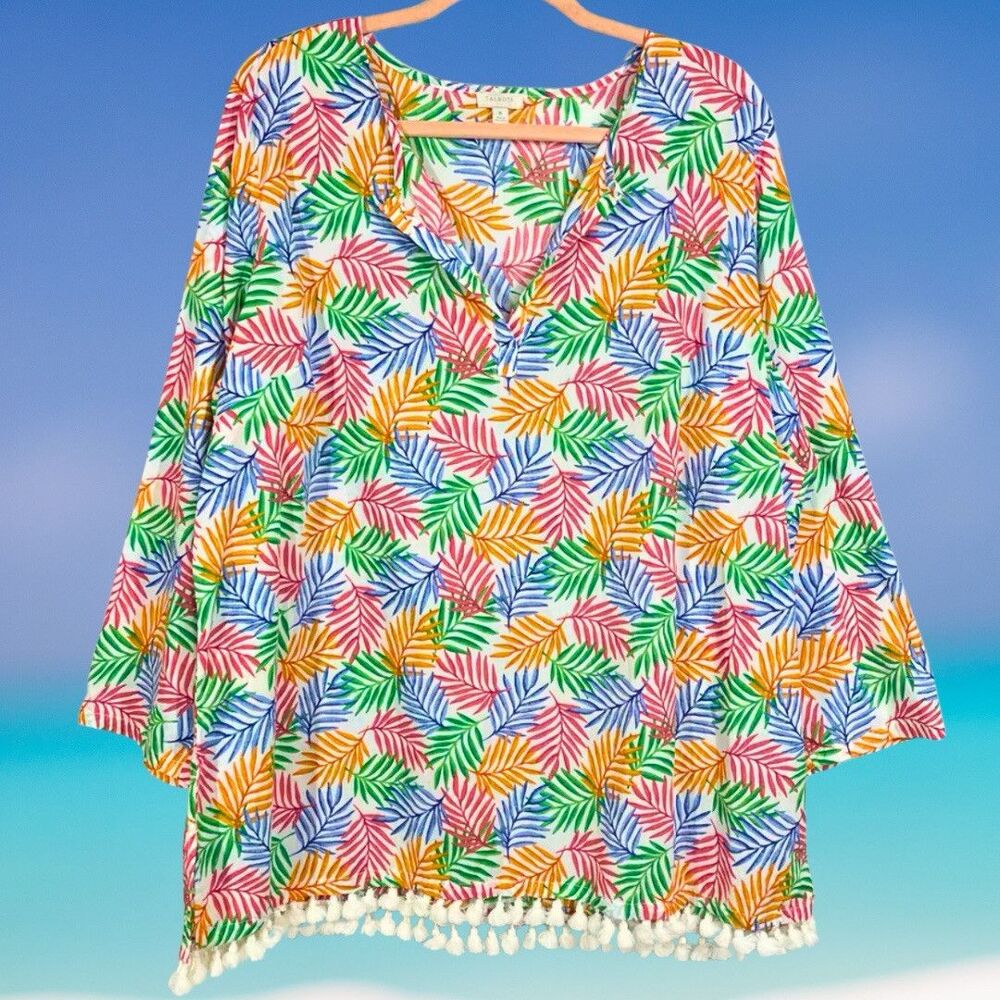 Talbots Tunic Women XL Tasseled Coastal Cotton Beach Vacation Blouse Resort Top